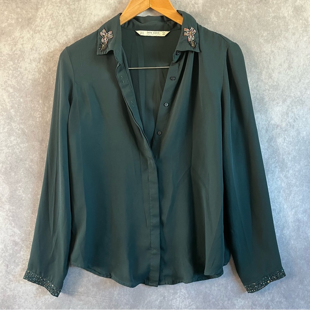 Women Zara Button Down Shirt Dark Green Embellished Collar & Cuffs Size Medium M